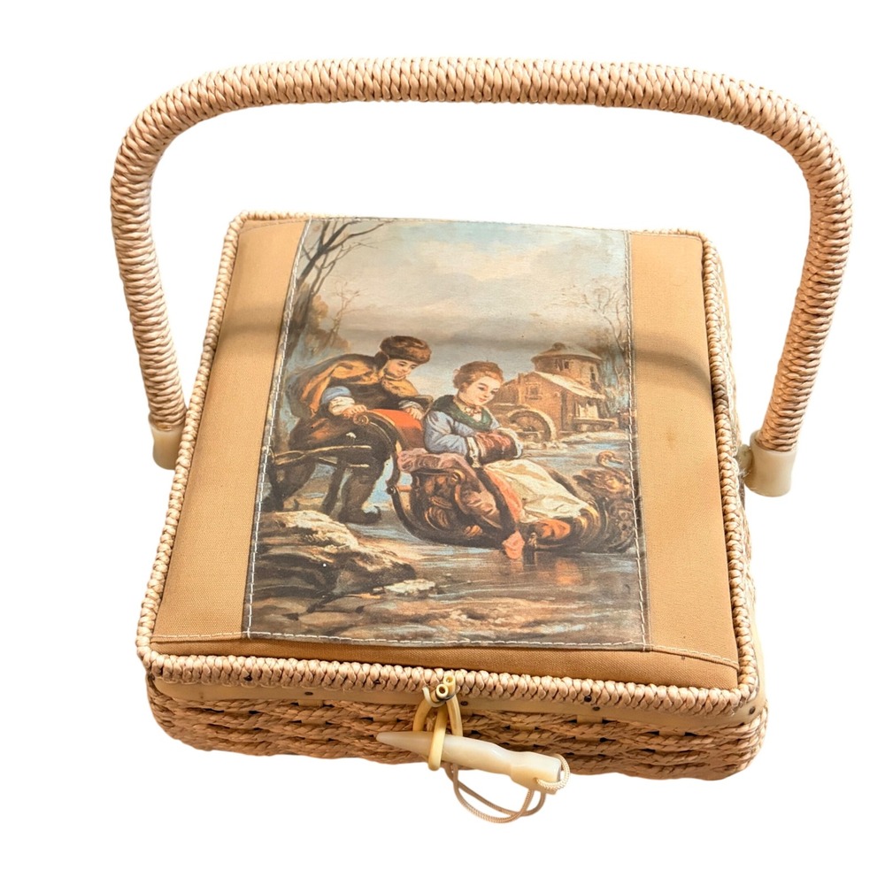Vintage Wicker Sewing Basket Sleigh Scene Padded Lid Toggle Closure Tan 8x8x4